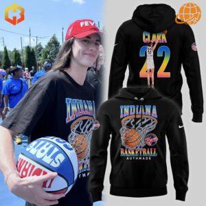 Front view of the Caitlin Clark Indiana Basketball Authmade Hoodie showcasing striking graphics.