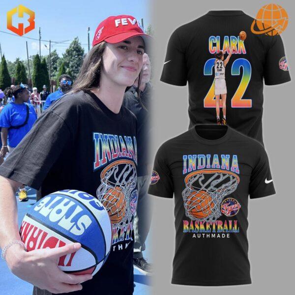 Front view of the Caitlin Clark Indiana Basketball Authmade T-shirt with vibrant graphics.