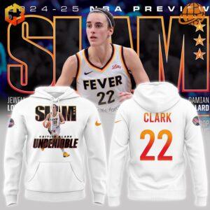 Caitlin Clark Slam Undeniable Hoodie in white and black, featuring player image and jersey design.