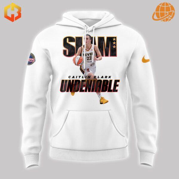 Front view of white Caitlin Clark Slam Undeniable Hoodie with "SLAM" graphic and player image.