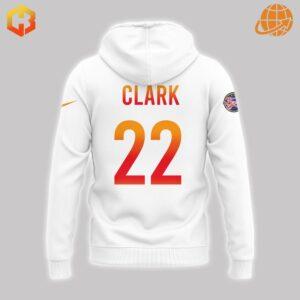 Back of white Caitlin Clark Slam Undeniable Hoodie with player name and number in gradient colors.