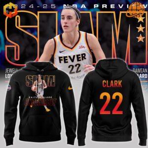 Composite of Caitlin Clark Slam Undeniable Hoodies in white and black with player action shot.