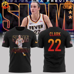 Caitlin Clark Slam Undeniable Shirt in black and white, featuring player's image and text design.