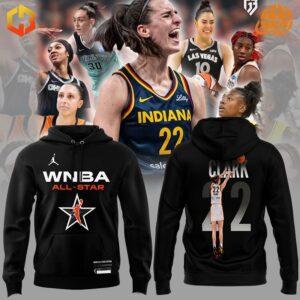 Caitlin Clark WNBA All Star Hoodie front and back view with basketball player collage background.