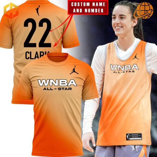 Caitlin Clark WNBA All Star Shirt in orange gradient with customizable name and number, featuring front and back views and a player wearing the jersey.