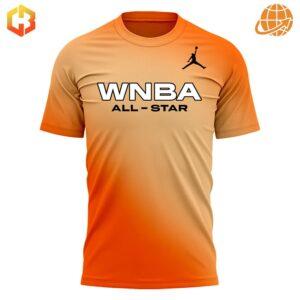 Caitlin Clark WNBA All Star Shirt with orange gradient design, featuring WNBA All-Star text and Jumpman logo on the front.