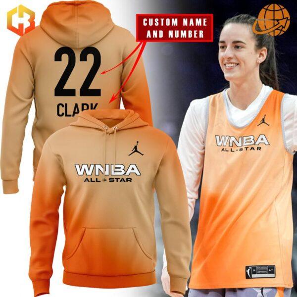 Caitlin Clark WNBA All Star Shirt hoodie in orange gradient, shown alongside t-shirt version and player wearing the jersey.