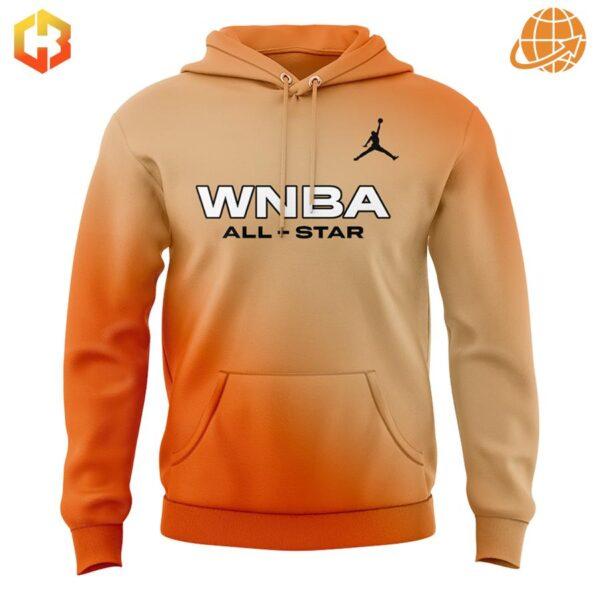 Close-up of Caitlin Clark WNBA All Star Shirt hoodie front, showing orange gradient and WNBA All-Star logo.