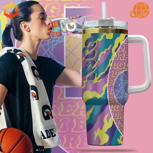 Caitlin Clark x Gatorade Dream Big Stanley Tumbler with colorful patterns and "Dream Big" text in a basketball-themed design.