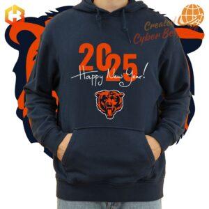 Chicago Bears Happy New Year 2025 Hoodie in navy and orange with team logo.