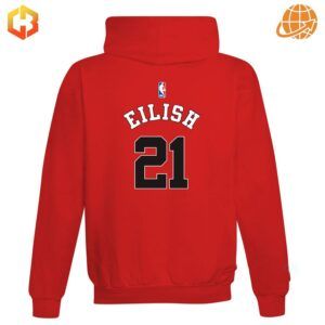 Red Chicago Bulls hoodie with "EILISH 21" and NBA logo on back.