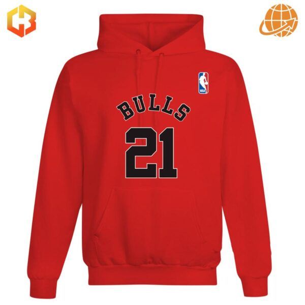 Red Chicago Bulls hoodie with "BULLS 21" and NBA logo on front.