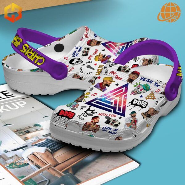 Chris Brown Crocs Shoes with a collage of colorful graffiti patterns and personalized purple straps.