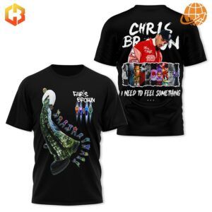 Black t-shirt with Chris Brown's peacock feather design on front and portrait collage on back.