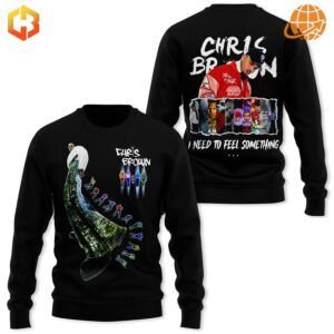 Black long-sleeve shirt featuring Chris Brown's peacock feather design on front and portrait collage on back.