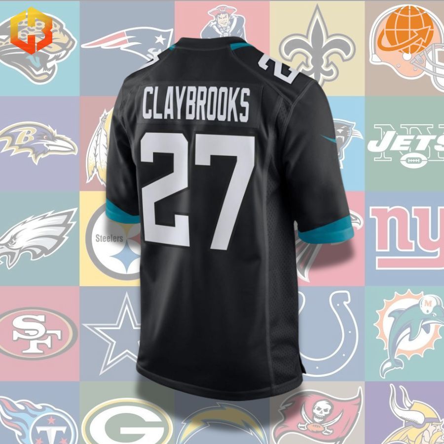 Official Chris Claybrooks football jersey from the Jacksonville Jaguars, showcasing player details and team logo.