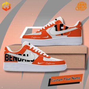 Custom Cincinnati Bengals Nike Air Force 1 sneakers with orange, black, and white design featuring tiger stripe patterns and team logo