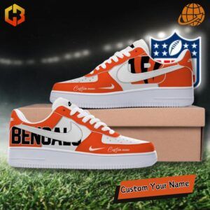 Nike Air Force 1 shoes customized with Cincinnati Bengals colors and tiger-inspired details