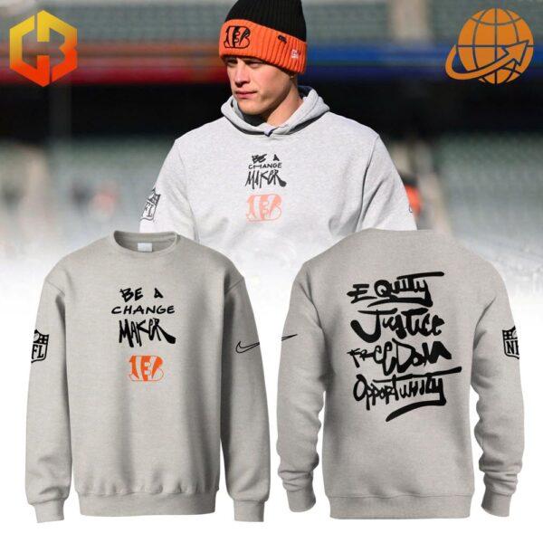 "Cincinnati Bengals Equity Justice Freedom Opportunity Sweatshirt featuring 'Be a Change Maker' slogan and Bengals logo on the front.