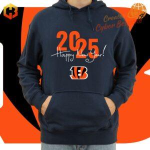 Hoodie with the Cincinnati Bengals helmet logo and '2025 Happy New Year!' design