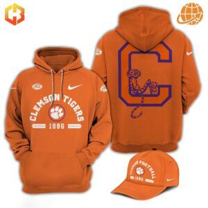 Clemson Tigers ACC Championship orange hoodie and cap set, featuring team logos and mascot design.