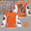 Front and back view of orange and white Clemson Tigers Baseball Jacket with team logos and tiger mascot illustration.