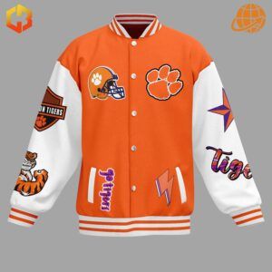 Close-up of Clemson Tigers Baseball Jacket front, showing orange body, white sleeves, and multiple team logos.