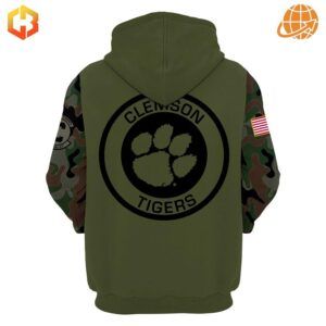 Clemson Tigers Death Valley Camo Hoodie back view featuring large circular logo and camouflage sleeves.