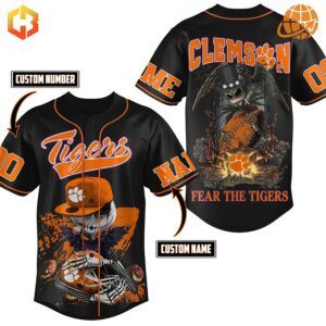 Front view of the Clemson Tigers Jack Skellington Baseball Jersey displaying vibrant colors and unique design.