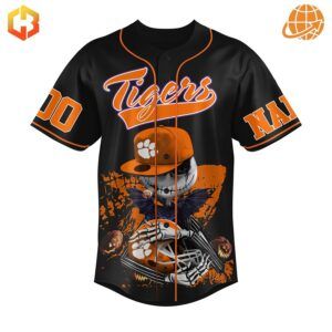 Back view of the Clemson Tigers Jack Skellington Baseball Jersey emphasizing its comfortable fit and detailed design.