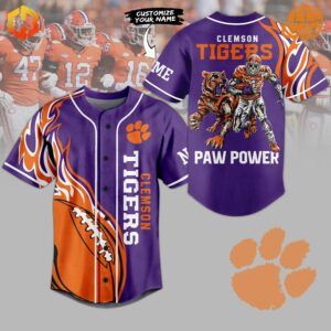 Clemson Tigers custom baseball jersey in purple and orange with tiger and football player graphics