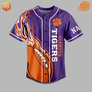 Make a statement on game day with the Clemson Tigers Paw Power Custom Baseball Jersey's eye-catching front design.