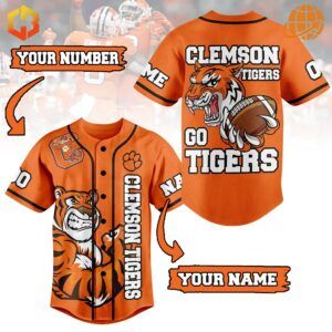 Orange Clemson Tigers custom baseball jersey with tiger mascot and customizable name and number.