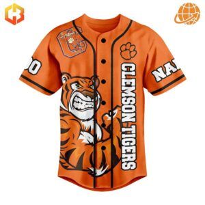 Front of orange Clemson Tigers baseball jersey with snarling tiger graphic and team name.