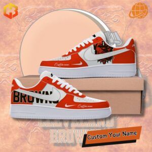 Custom Cleveland Browns Nike Air Force 1 sneakers with a brown, orange, and white design and team logo