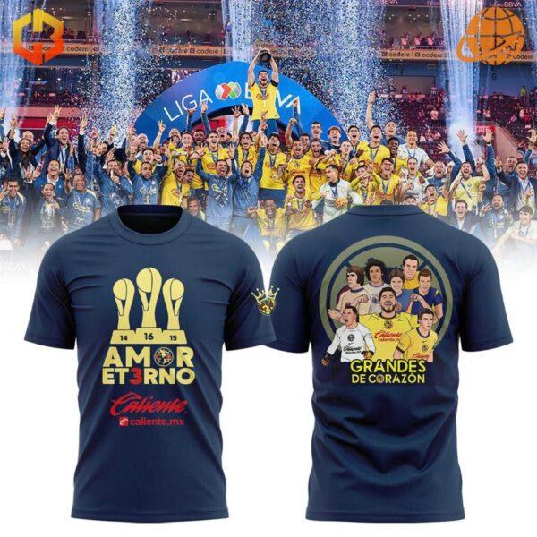 Club América Amor Eterno Grandes De Corazon Shirt celebration image with players and fans.