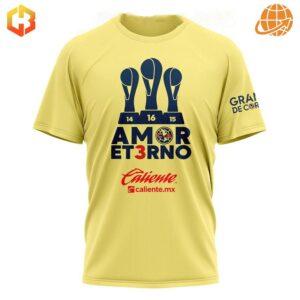 Front view of Club América Amor Eterno Tricampeones Liga MX Shirt showing trophy design and sponsor logo.