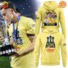 Club América soccer player celebrating with Liga MX trophy, wearing yellow championship shirt