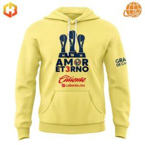 Yellow Club América Champions hoodie with "AMOR ET3RNO" and trophy design on front