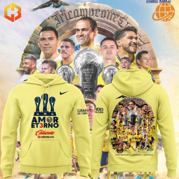 Club América Tricampeones hoodie with front and back designs displayed against team photo background.