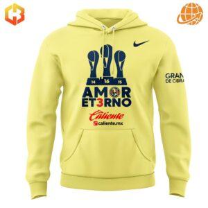 Close-up of Club América Tricampeones hoodie front design with trophies and team branding.