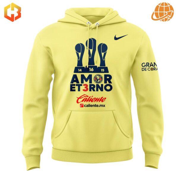 Close-up of Club América Tricampeones hoodie front design with trophies and team branding.