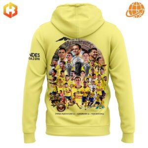 Back view of Club América Tricampeones hoodie with player collage and championship imagery.