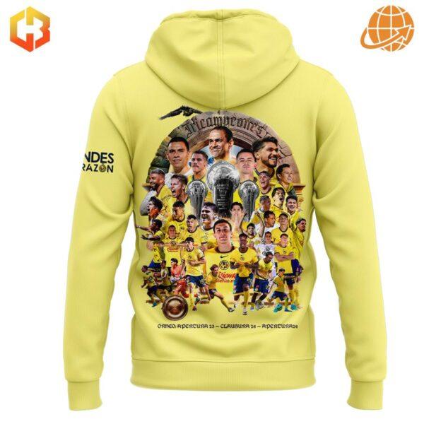 Back view of Club América Tricampeones hoodie with player collage and championship imagery.