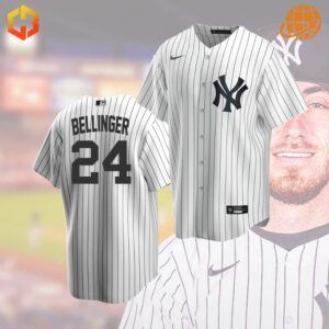 Two views of the Cody Bellinger New York Yankees jersey with number 24, set against a blurred baseball stadium backdrop.