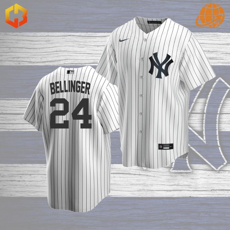 : Front and back views of the New York Yankees Cody Bellinger jersey with number 24 on a wood-textured background.