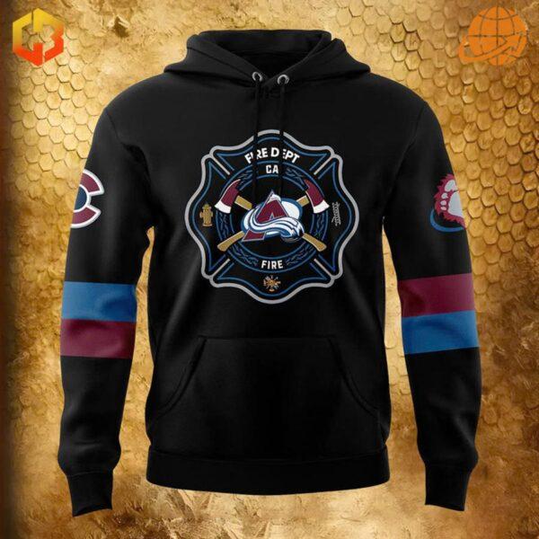 Close-up of Colorado Avalanche Firefighter Appreciation Hoodie front design featuring fire department emblem.