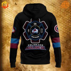 Rear view of Colorado Avalanche Firefighter Appreciation Hoodie with first responder emblem and team name.