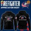 Columbus Blue Jackets Firefighter Appreciation Night Hoodie front and back design on navy background.