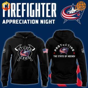 Columbus Blue Jackets Firefighter Appreciation Night Hoodie front and back design on navy background.